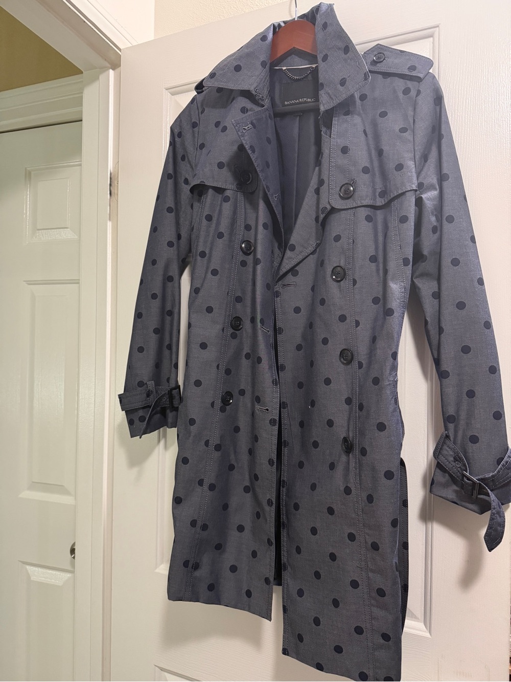 Banana Republic Gray Trench Coat with Navy Polka Dots